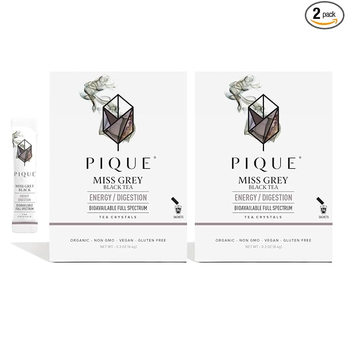 Pique Organic Earl Grey Tea Crystals - Caffeinated Black Tea with Bergamot for Energy, Prebiotic Polyphenols Support Healthy Metabolism, Immunity - 28 Single Servings (2 Pack)