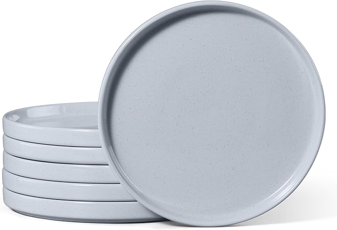 E-far Dinner Plates Set of 6, 10.5 Inch Stoneware Dinner Plate with Raised Edges, Chip & Scratch Resistant | Microwave & Dishwasher Safe Modern Ceramic Dishes for Dessert Salad, Speckled Gray