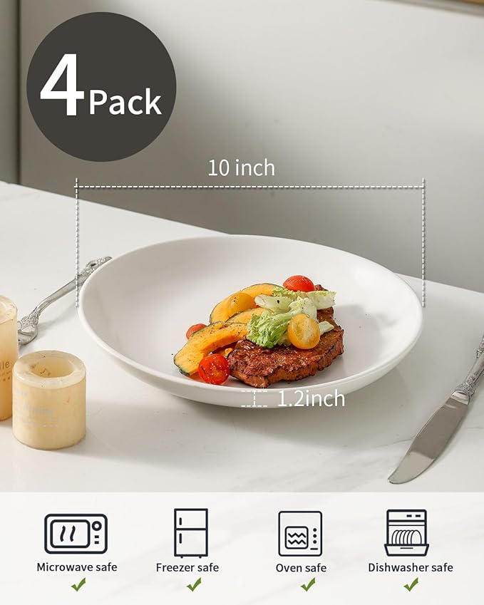 Stoneware Plate, 10 Inch Dinner Plate Set of 4,Dinnerware Set Plates for Steak, Noodless, Microwave, Oven, and Dishwasher Safe, White