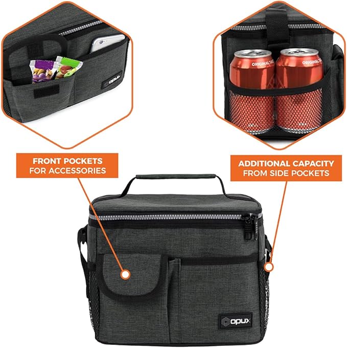opux Insulated Lunch Box for Men Women Kids, Leakproof Reusable Lunch Bag Cooler for Work School Office, Soft Thermal Lunchbox Tote Shoulder Strap for Boys Girls Adults, Heather Charcoal, 14 Can/8L