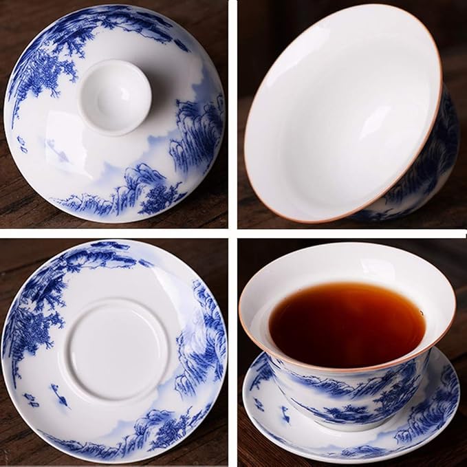 Jingdezhen Chinese Gaiwan Handmade 6.3oz/180ml Mountain Style China Blue and White Porcelain Gaiwan Kungfu Teacup Traditional Chinese Teaware Tea Set