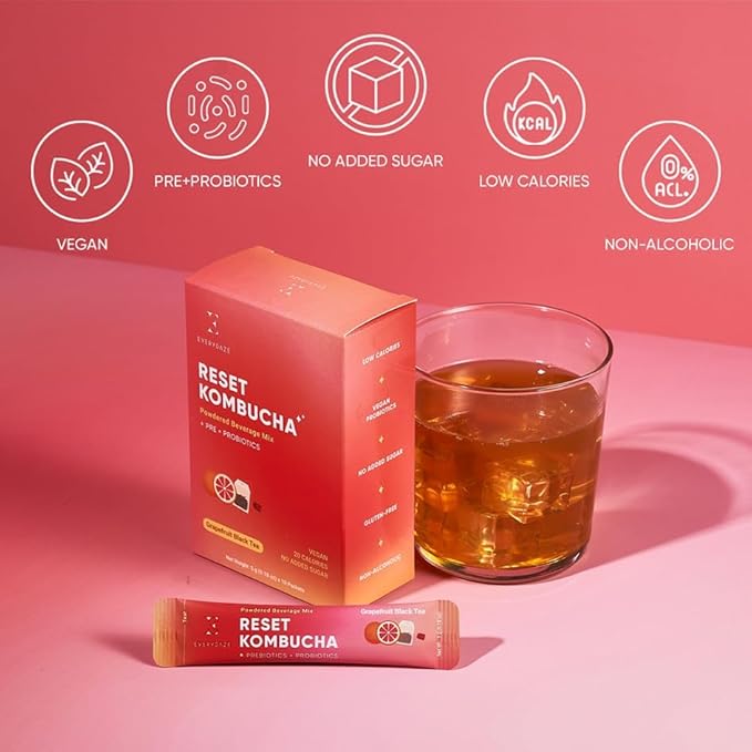 Everydaze Reset Kombucha Tea Powdered Beverage Mix | 10 Sticks | Prebiotics + Probiotics | Vegan | No Added Sugar, Gluten Free, Sparkling Powder Drink Pack (Grapefruit Black Tea)
