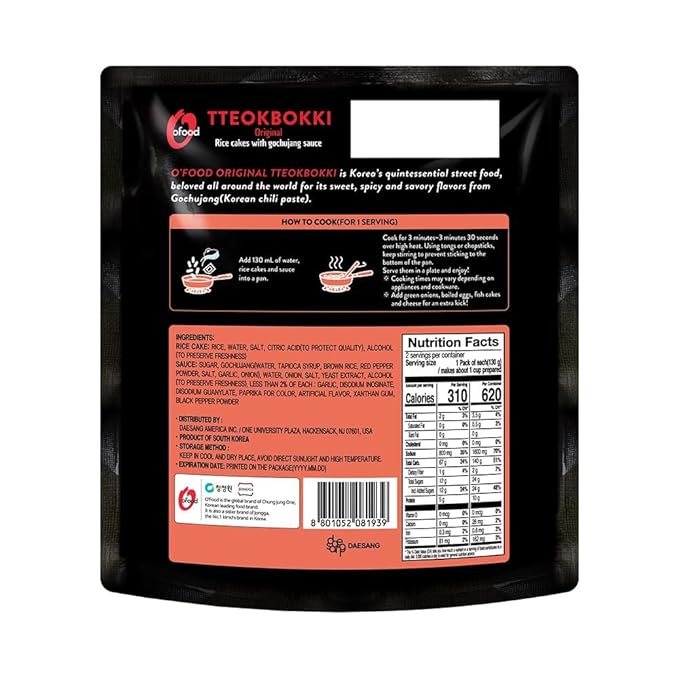 Tteokbokki Korean Rice Cakes – [Original Gochujang | Pack of 2] – Gluten Free | Ready in 3 Minutes | 0 Cholesterol/ 0 Trans Fat | 4 Servings Spicy Street Snack | Healthy/Savory/Spicy - O’food