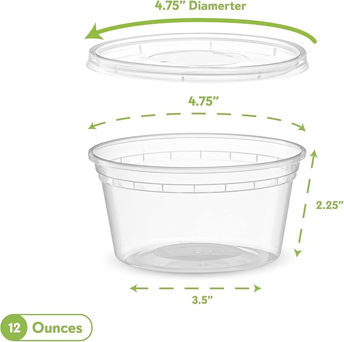 ELEGANT DISPOSABLES 12 OZ - 24 Sets Plastic Deli Food Storage Containers with Airtight Flexible Lids Microwavable, Leak Free, Washable, Freezer Safe.