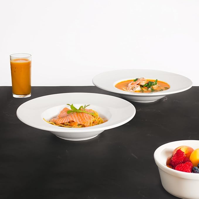 Porcelain Soup Bowls soup Plate Pasta Bowl Set of 4 Shallow Bowl Plates, 14 oz Rimmed Bowls with Rim, Microwave ovens and refrigerators safe, Line texture 11.9 Inch