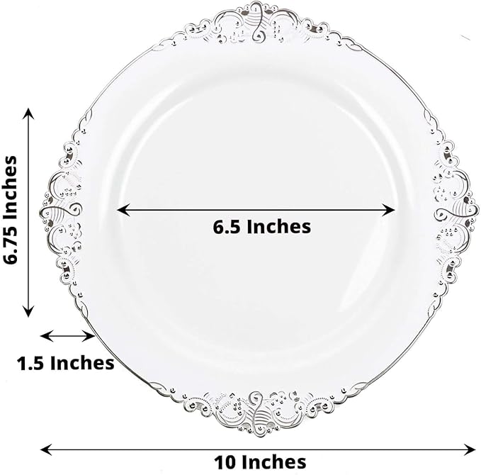 Efavormart 10 Pack | 10" White and Silver Baroque Dinner Plates, Leaf Embossed Metallic Rim Heavy Duty Serving Plates for Military Galas and Formal Events