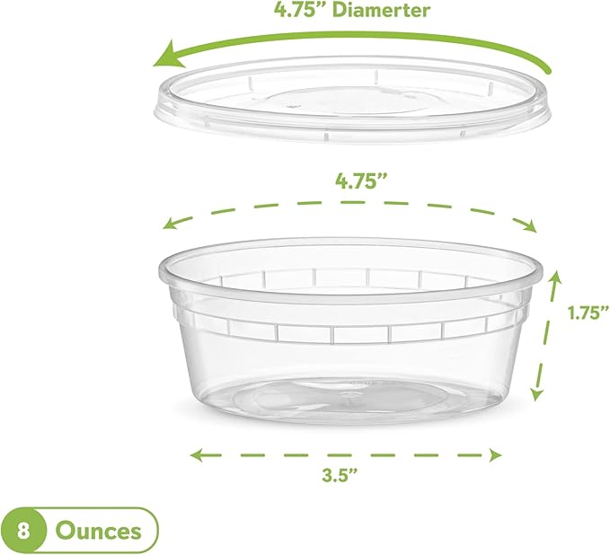 ELEGANT DISPOSABLES 8 OZ - 24 Sets Plastic Deli Food Storage Containers with Airtight Flexible Lids Microwavable, Leak Free, Washable, Freezer Safe.