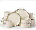 Famiware Star 16-Piece Stoneware Dinnerware Set with Trim, Service for 4 -Ceramic Mugs, Plates and Bowls, Modern Rustic Dishes with High Edge, Chip/Scratch Resistant, Microwave/Dishwasher Safe, Cream