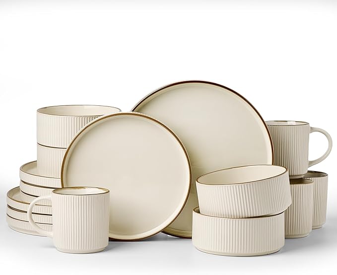 Famiware Star 16-Piece Stoneware Dinnerware Set with Trim, Service for 4 -Ceramic Mugs, Plates and Bowls, Modern Rustic Dishes with High Edge, Chip/Scratch Resistant, Microwave/Dishwasher Safe, Cream