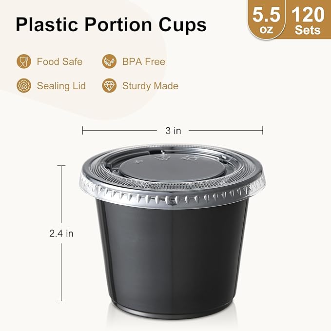 AOZITA 120-5.5 oz Black Portion Cups, Small Plastic Containers with Lids, Airtight and Stackable Souffle Cups, Salad Dressing Container, Sauce Cups, Condiment Cups for Lunch, Party to Go, Trips