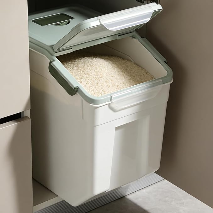 Rice Storage Container 50 lbs Large Household Flour Sugar Containers Airtight Grain Cereal Dispenser with Wheels, Locking Lid & Measuring Cup for Kitchen Pantry Organization, 2 Pack(Green)