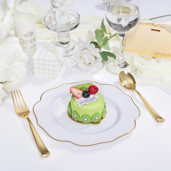 bUCLA 48Pieces Gold Plastic Dessert Plates Disposable - 7.5inch Premium Hard White with Gold Rim Plastic Salad/Appetizer/Small Cake Plate for Thanksgiving&Party