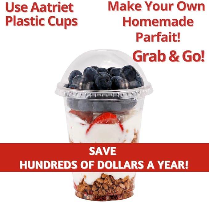 Aatriet 12 oz Clear Plastic Parfait Cups with Insert 3.25oz & Dome Lids No Hole - (50 Sets) Yogurt Fruit Parfait Cups for Kids, for Dips and Veggies, Take Away Breakfast and Snacks. No Leaking