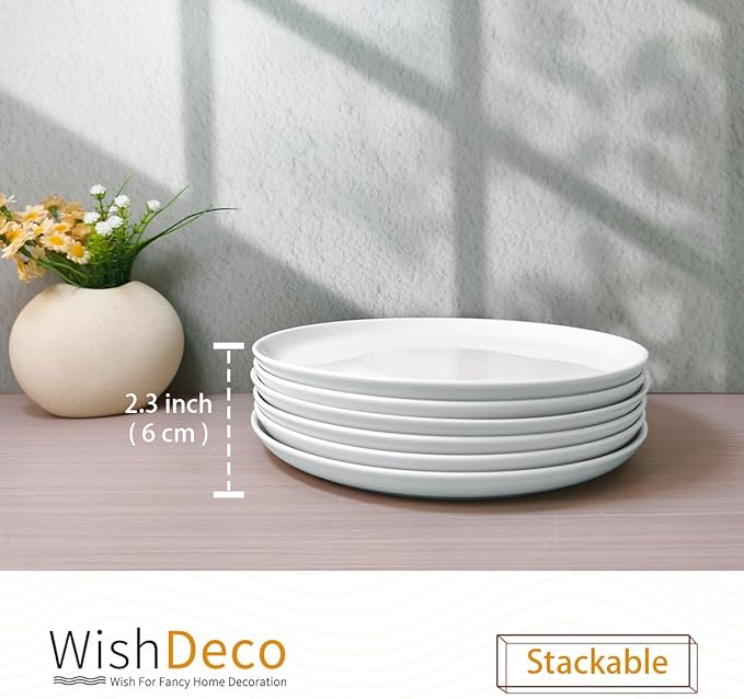 WishDeco White Dinner Plates Set of 6, Porcelain Salad Plates 9 Inch, Modern Kitchen Plate, Round Serving Dishes, Microwave and Dishwasher Safe, Scratch Resistant, Smooth Glaze