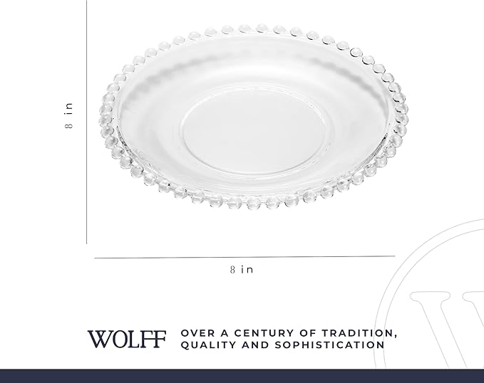 WOLFF - Set of 4 Pearl Beaded Crystal Dessert Plates, Clear Glass 8 Inch Salad Appetizer Starter Plates, Luxury Dinnerware Kitchen Accessories- Clear 8"