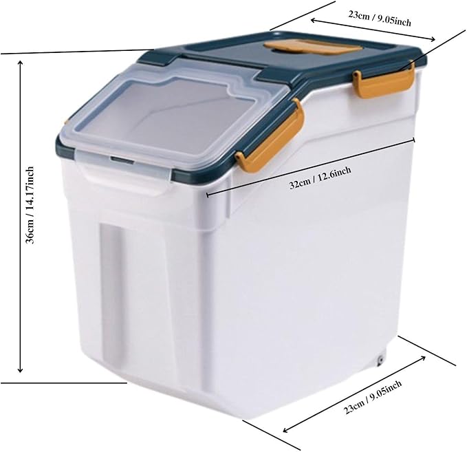 2 Pack 25lbs Rice Container with Wheels, Large Flour and Grain Storage Container with Lid, Measuring Cup and Scoop, Plastic Food Storage Bin for Kitchen Pantry (Dark Blue)