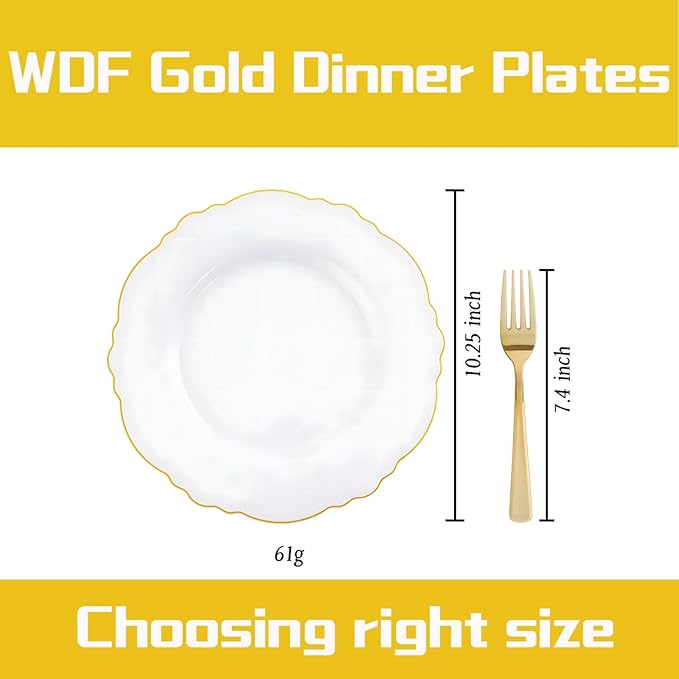 WDF 60pcs Gold Plastic Dinner Plates -10.25inch Baroque White and Gold Plates Fancy Plastic Plates for Upscale Party/Wedding/Birthday