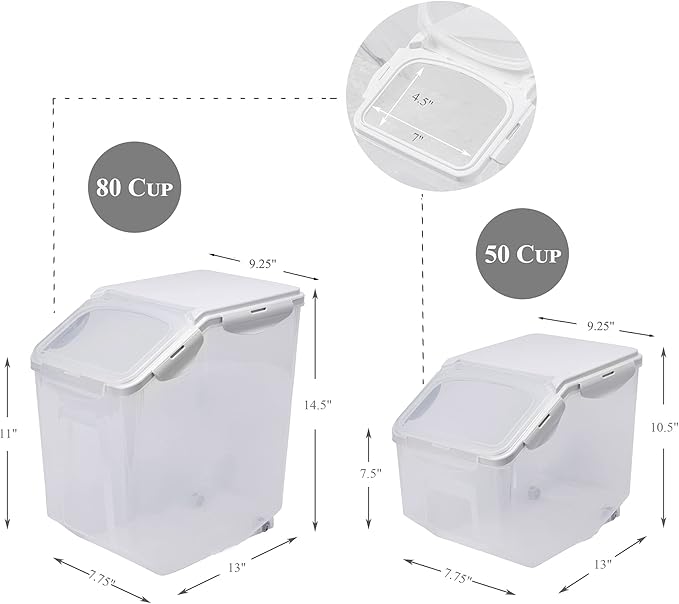HANAMYA Food Storage Container with Measuring Cup, BPA free, 50-Cup, For Rice | Grain | Pet Food | Flour, 2 Set, Clear & Off White