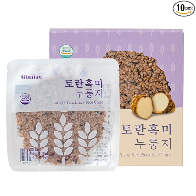 Korean Food Misillan Crispy Black Rice & Taro Chips – Oven-Baked Korean Nurungji Snack, Light & Crunchy Texture, 10 Packs (0.7 oz Each, 7 oz Total)