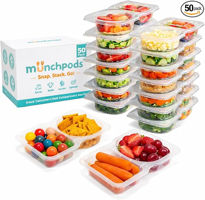 Reusable Snack Containers with Lids 50 Pack (100 Pieces) Portion control, Snack Pack Containers 2 Double Compartment Snack Containers for Kids On the Go Meals, Camping Snack Tray Prep