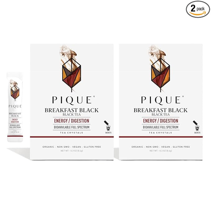 Pique Organic English Breakfast Tea Crystals - Caffeinated Black Tea for Energy, Prebiotic Polyphenols Support Healthy Digestion, Immune Support - 28 Single Serve Sticks (2 Pack)