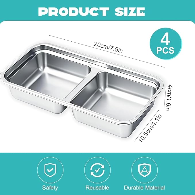 4Pcs 304 Stainless Steel Bento Boxes, 2 Compartments Portable Food Storage Containers Snack Boxes with Lids, Divided Meal Prep Lunch Box Food Container Dishwasher Safe