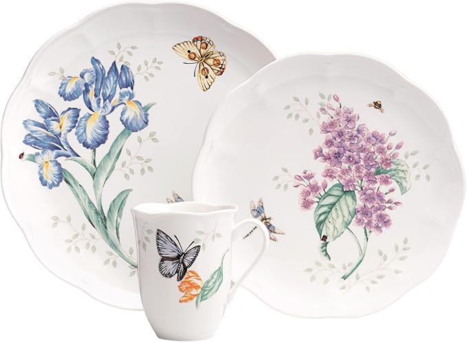 Lenox Dinnerware Set, Butterfly Meadow 18-Piece Set, Service For 6, White Porcelain, Butterfly And Flower Designs, Plates And Bowls Sets, Dishwasher Safe, Home & Kitchen (Assorted, 18 Pieces)