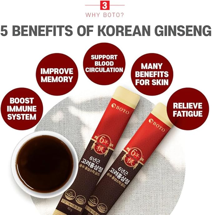 BOTO 6 Year Korean Red Ginseng Extract Pure Stick Gold | Premium Korean Ginseng Supplement for Daily Vitality | 100 Sachet.