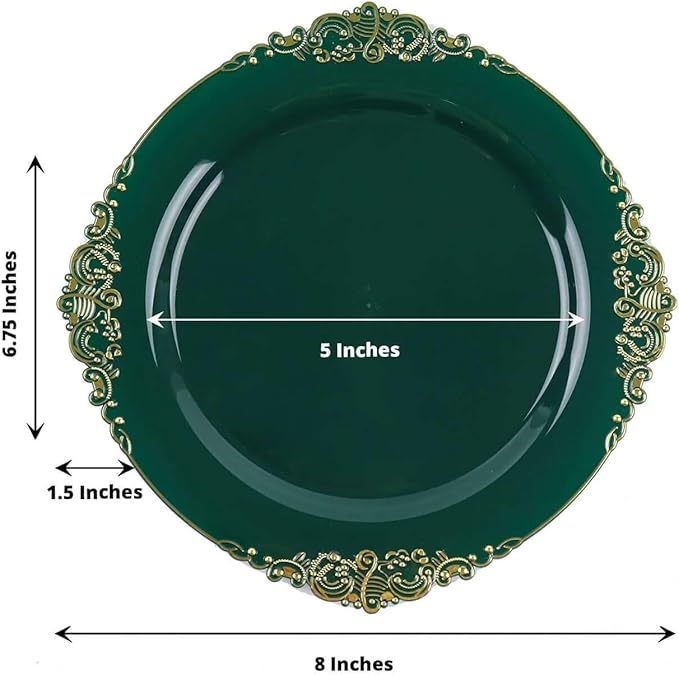 Efavormart 10 Pack | 8" Hunter Emerald Green and Gold Baroque Dessert Plates, Leaf Embossed Metallic Rim Heavy Duty Appetizer Plates for Garden Showers