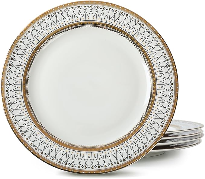 YEWUDHOM Porcelain Plates,Ceramic Dinner Plates Set of 4,Plate Set for 4 Dinning Kitchen,Golden Thread Pattern Steak Salad Plate Set for Home Restaurant Utensils,10.5" Large,White and Gold