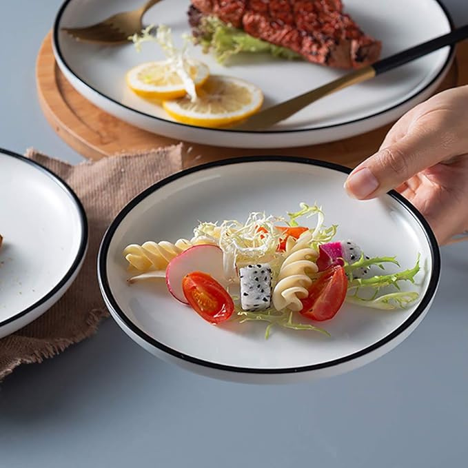 6-inch Small Porcelain Appetizer Plates, White with Black Edges Dinner Side Dishes Serving Plate, Dessert, Salad, Snacks Plate, Set of 6