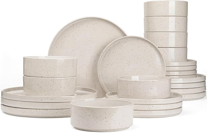 Famiware Nebula Plates and Bowls Set, 24 Pieces Dinnerware Sets, Dishes Set for 8, Creamy White with Colorful Speckles
