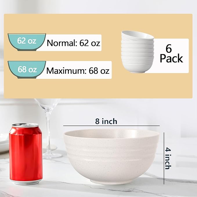 Homestockplus 【Non Ceramic】 68 Oz Salad Bowls,Large Serving Bowls 6 Pcs Unbreakable Ramen Bowl for Salad,Soup,Ramen,Noodle,Oatmeal,Snack Apply to Kitchen, Freezer,Dishwasher & Microwave Safe