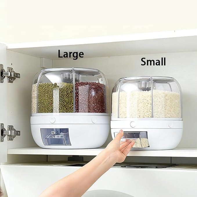 Rotating Grain Storage Bin 6 Grids Rice Container One-Click Output Large Capacity Food Dispenser For Rice Grains Sealed Moisture Proof Organizer (Large)