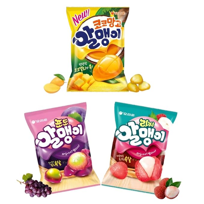 Korean Fruit Jelly Candy – Assorted Chewy Gummy Snacks –3 Fruity Flavors (Grape, Lychee, Mango) – Individually Wrapped – Perfect for Kids & Adults – 알맹이젤리 (3 Flavor Mix–2.9oz(81g) × 3pack)