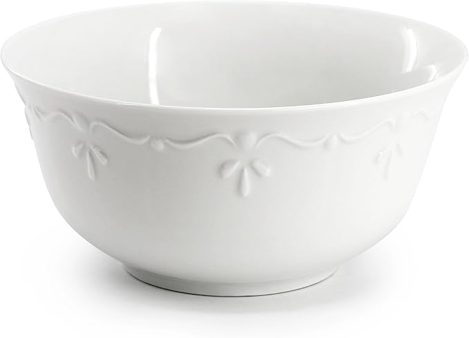 Elama Henryi 16 Piece Embossed Rim Detail Porcelain White Dinnerware Set, Tableware Set, Serveware (16 Piece)