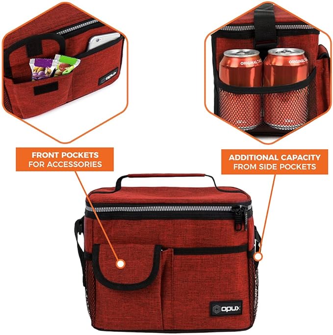opux Insulated Lunch Box for Men Women Kids, Leakproof Reusable Lunch Bag Cooler for Work School Office, Soft Thermal Lunchbox Tote with Shoulder Strap for Boys Girls Adults, Heather Red, 14 Can/8L