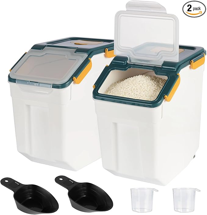 Rice Storage Container 25 lbs Large Household Flour Sugar Containers Airtight Grain Cereal Dispenser with Wheels, Locking Lid & Measuring Cup for Kitchen Pantry Organization, 2 Pack(Blue)