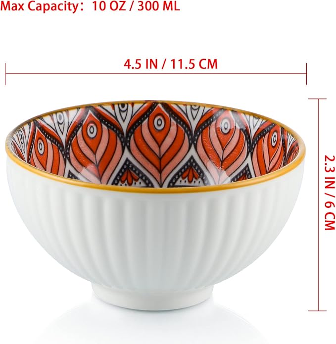 Ceramic Rice Bowls 10 oz, Bohemian Style Bowl Gift Set, Assorted Dinnerware Serving Bowls for Cereal, Soup, Dessert, Snack, Fruit, Salsa, Pack of 6 (Geometric Pattern)