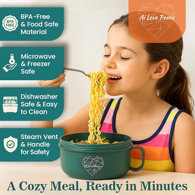 Microwaveable Ramen Noodle Bowl Cooker 40oz for Ramen, Pho, Soup, and Pasta, Dishwasher Safe and Portable, Ideal for Home, Office, Dorm, or Gift.Ai Love Peace (Green)