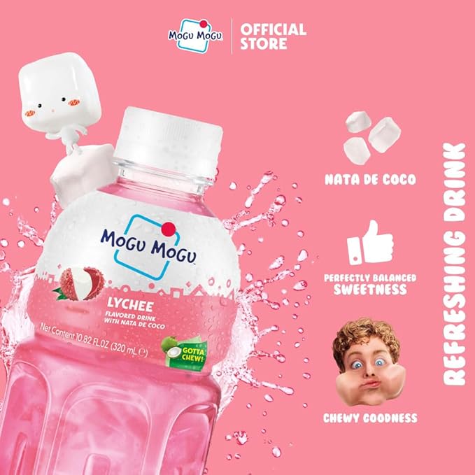 Mogu Mogu Lychee Juice Drink with Nata de Coco (Coconut Jelly) – Chewy Fruit Beverage for Kids & Adults, 6 Pack Bottles, 10.82 fl oz Each