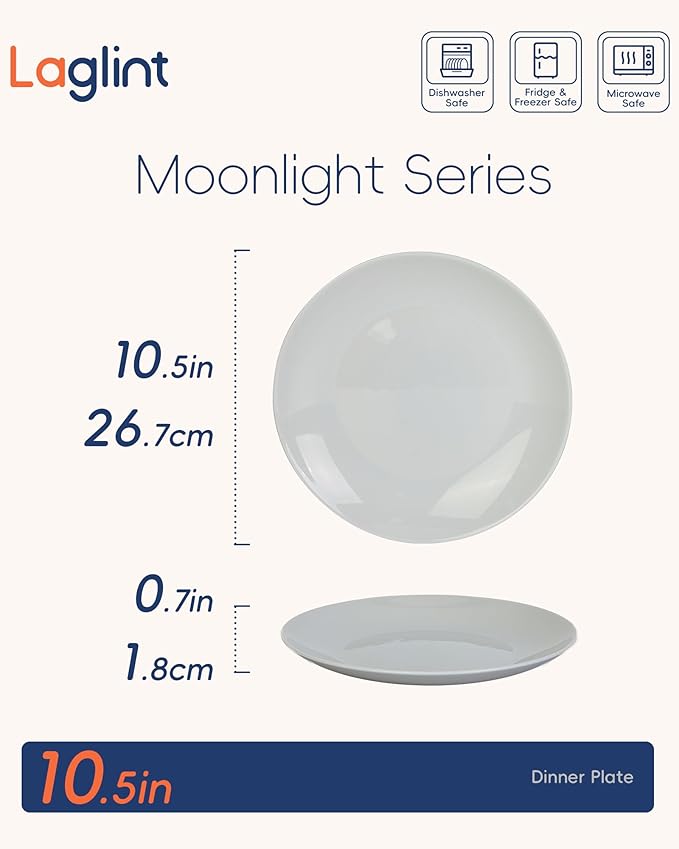 LaGlint 10.5 inch Dinner Plate Set of 6, Lightweight Round Opal Glass Grey Dinnerware Plates, Dishwasher and Microwave Safe