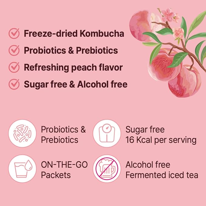 Unha's Everyday Kombucha Tea Powdered Beverage, 20 Sticks, Sparkling Powder Drink, Prebiotics, and Probiotics Sugar-Free - Peach Flavor