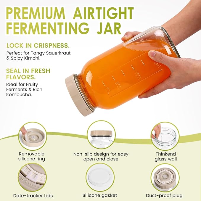 64oz Glass Fermentation Jar, 2L Glass Fermenting Jar with Dial Date Tracker Lids, Airlocks & Weights, Fermenting Kit for Sauerkraut, Pickling, Kombucha & Cider(2 Pack Jars Included）