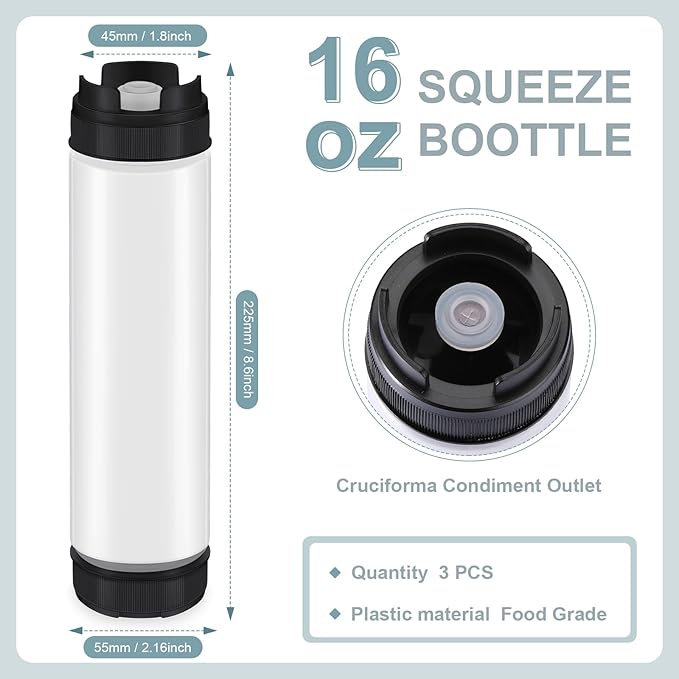 Sabary 3 Pcs 16 oz Inverted Plastic Squeeze Bottles, Refillable Tip Large Valve Dispenser Condiment Squeeze Bottle for Sauces Ketchup Sour Cream Self Sealing Syrup Dispenser for Restaurants (Black)