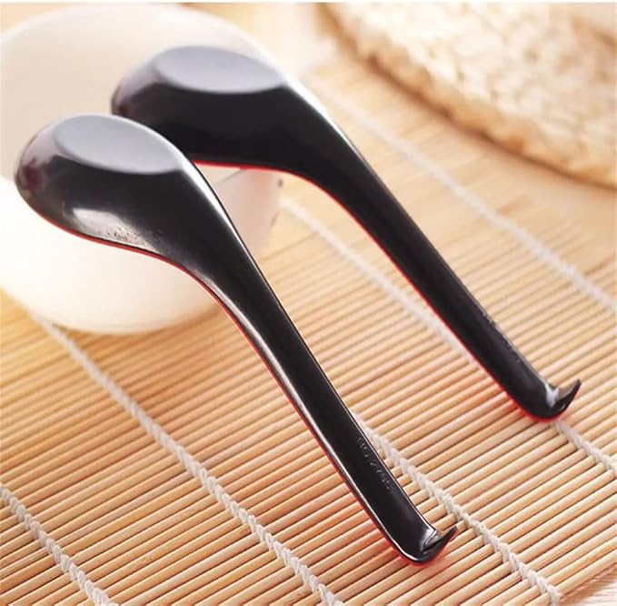 2 Pack - Red and Black 6.5-inch Asian Soup Spoon with Hook– Fuji Chinese Japanese Korean Style Spoon, Perfect for Melamine Won Ton Rice Pho Soba & Ramen Noodle Soups