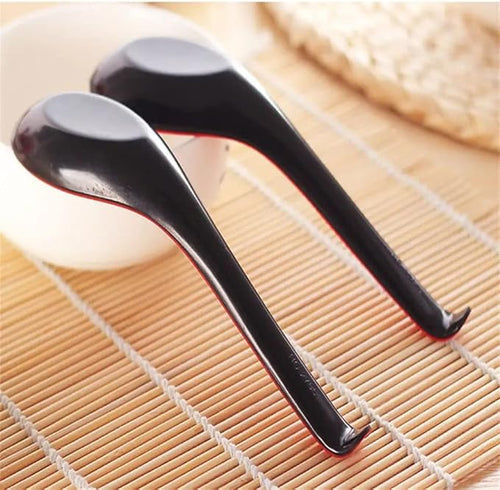 2 Pack - Red and Black 6.5-inch Asian Soup Spoon with Hook– Fuji Chinese Japanese Korean Style Spoon, Perfect for Melamine Won Ton Rice Pho Soba & Ramen Noodle Soups