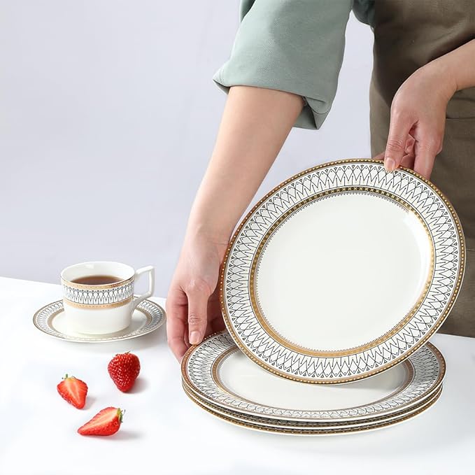 YEWUDHOM Porcelain Plates,Ceramic Dinner Plates Set of 4,Plate Set for 4 Dinning Kitchen,Golden Thread Pattern Steak Salad Plate Set for Home Restaurant Utensils,10.5" Large,White and Gold