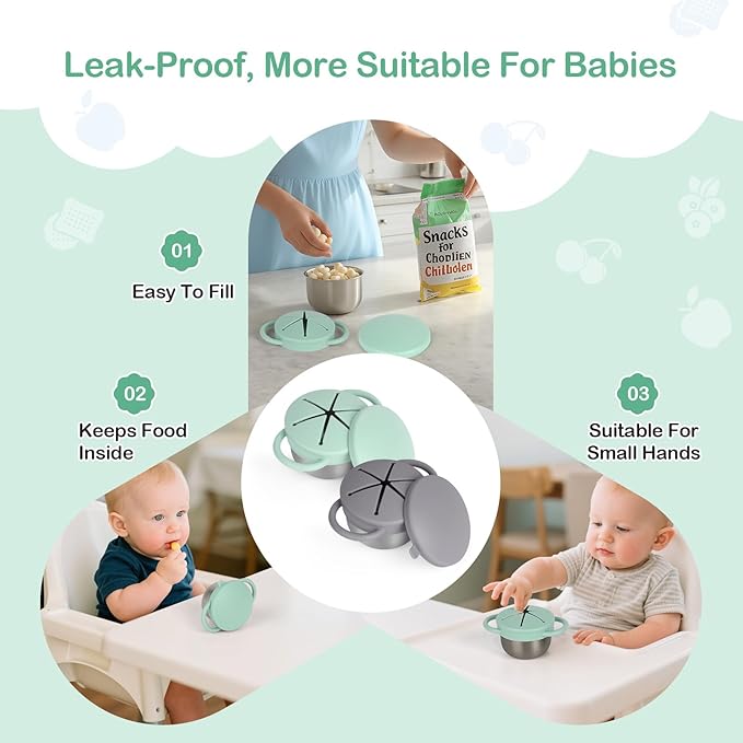 Daximo 2 Pack Snack Cups for Toddlers Spill Proof - Detachable Stainless Steel Toddler Snack Cups with Silicone Lids & Handles - Dishwasher Safe Baby Snack Containers (Matte Gray and Mint Green)