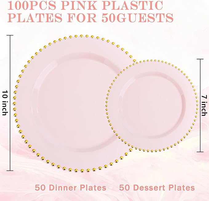 supernal 100pcs Pink Plastic Plates with Gold Beads Plates Disposable Heavy Duty Valentine's Day Decorations Includes 10 inch Dinner Plate and 7 inch Dessert Disposable Plate for Party,Wedding